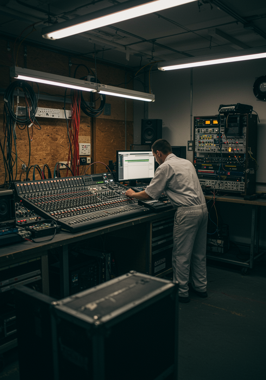 "Taller moderno de reparación de audio y iluminación con técnico profesional trabajando en equipo avanzado, que refleja confianza y precisión."