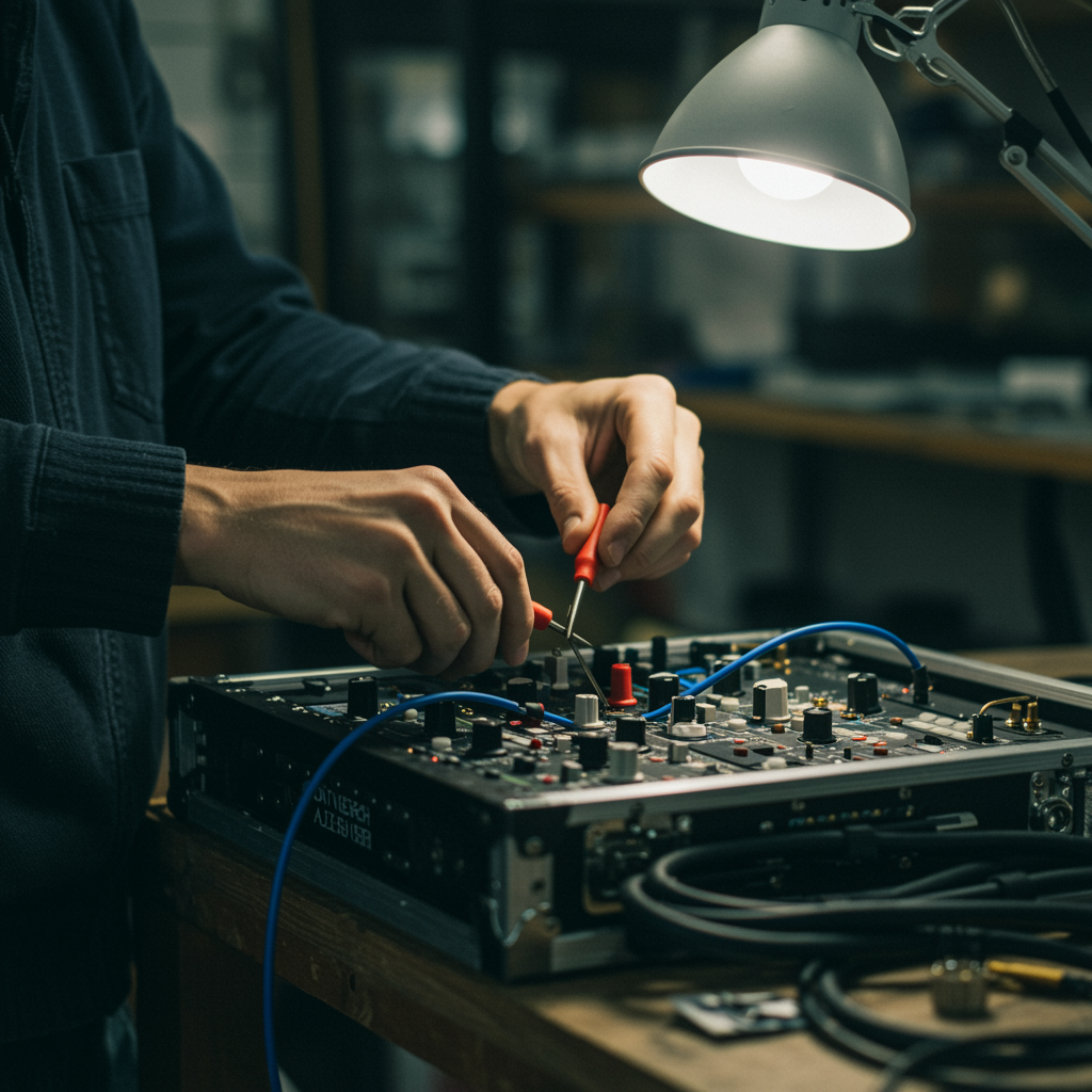 "Técnico experto trabajando con cableado y herramientas especializadas en equipo de audio y iluminación en un taller iluminado por luz natural."