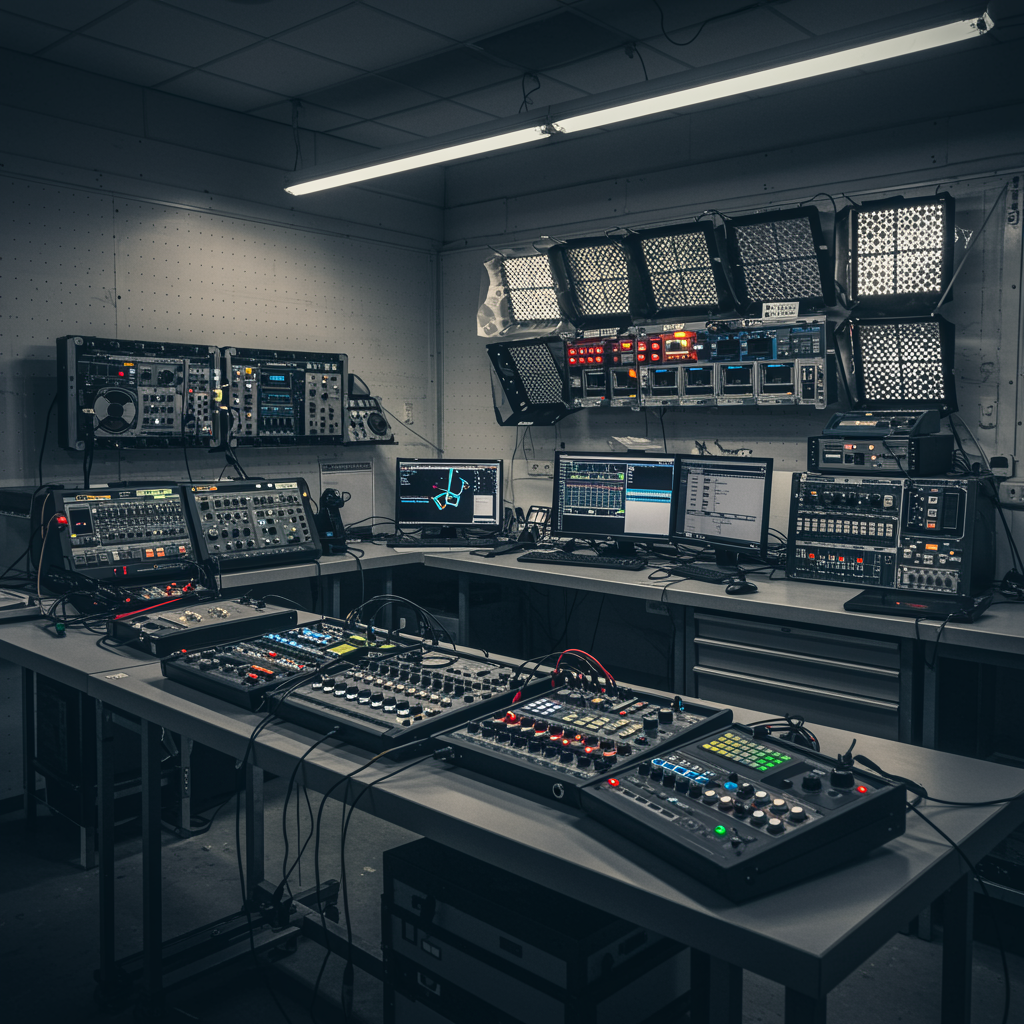 "Imagen de un taller moderno y ordenado con herramientas avanzadas para diagnóstico de sistemas de audio y iluminación, que destaca la precisión técnica y un ambiente profesional."