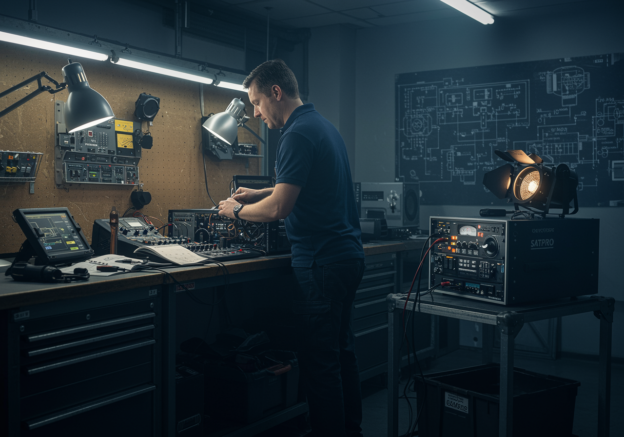 "Ilustración digital hiperrealista de un taller técnico moderno, donde un técnico repara equipos de sonido y iluminación, reflejando la experiencia y profesionalismo de SATPRO en servicios de soporte técnico."